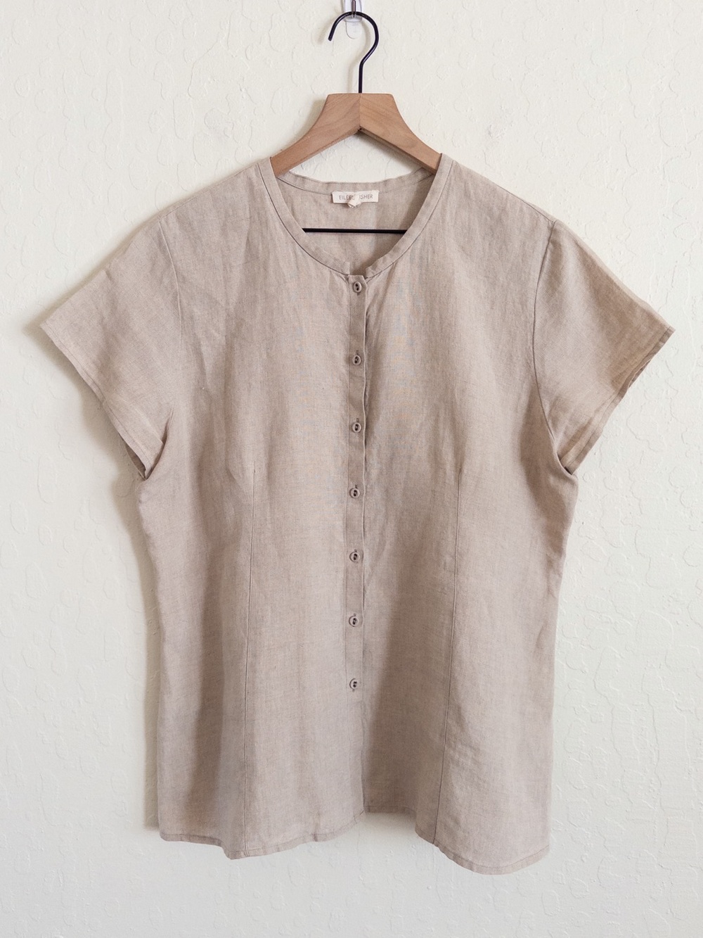 Eileen Fisher 100% Linen Short Sleeve Crewneck Button Front Blouse Top Large Tan